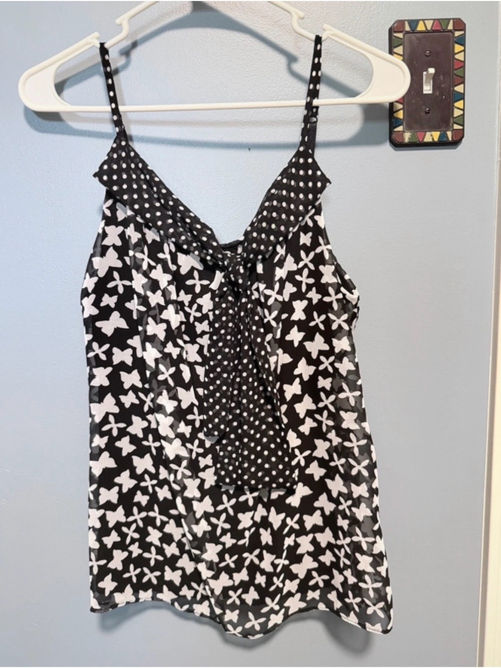 New York & Company Black White Butterfly Polka Dot Camisole Top